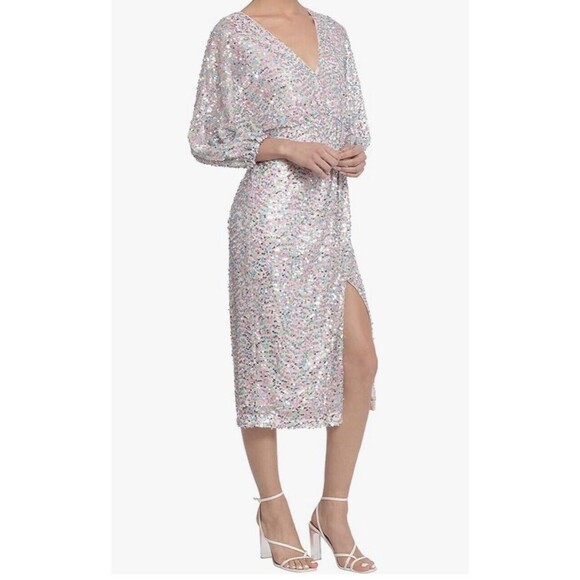 DONNA MORGAN FOR MAGGY Sequin Midi Cocktail Dress Lavender/Pink Multi Size 0 - Picture 1 of 9